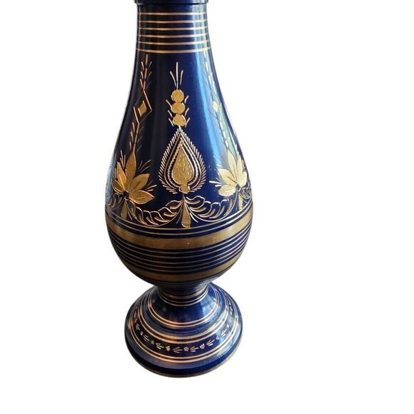 Vintage Brass Vase Damascene made in India Handcrafted Blue and Eteched Gold. Or - Picture 4 of 11